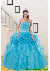 2015 Beautiful Puffy Teal Quince Gown with Embroidery and Pick Ups