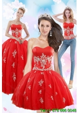 2015 Exquisite Puffy Strapless Red Quince Dresses With Appliques