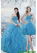 2015 Fashionable Puffy Baby Blue Dresses for Quince with Beading and Ruffles