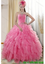 2015 Puffy Pretty Rose Pink Quinceanera Dresses with Ruffles and Beading