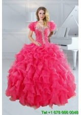 2015 Puffy Unique Hot Pink Quince Dresses with Ruffles and Beading