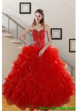 Gorgeous 2015 Puffy Sweetheart Red Quince Gowns with Beading and Ruffles