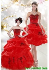 Puffy Beautiful Strapless Red Quinceanera Dresses with Appliques and Pick Ups for 2015