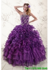 Puffy Lovely Purple Strapless Appliques and Ruffles Quince Dresses for 2015