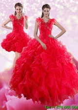 Puffy Sophisticated Red Sweetheart Dresses for Quince with Ruffles and Beading