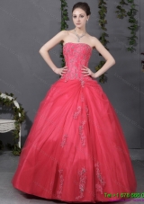 2015 Modern Coral Red Strapless Sweet 16 Dress with Ruching and Appliques