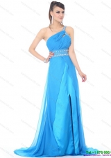 Elegant 2015 One Shoulder Blue Long Prom Dress with Rhinestones