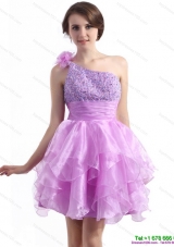 Elegant One Shoulder Lilac Prom Dresses with Beading and Hand Made Flower
