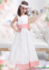 White Scoop 2015 Little Girl Pageant Dress with Pink Waistband