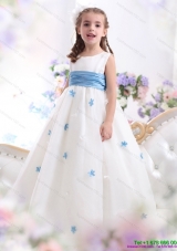 White Scoop Little Girl Pageant Dress with Baby Blue Waistband and Appliques