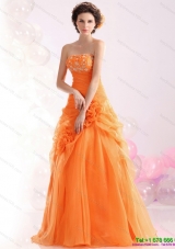 2015 Elegant Strapless Orange Red Prom Dress with Hand Made Flowers and Beading