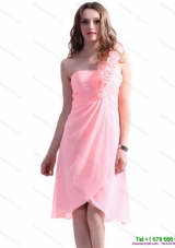 Baby Pink One Shoulder Prom Dresses with Ruching and Hand Made Flowers