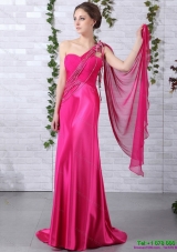 Elegant 2015 One Shoulder Fuchsia Prom Dress with Beading and Ruching