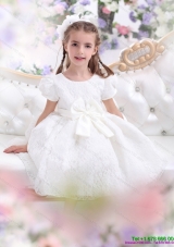 Elegant Lace 2015 White Little Girl Pageant Dress with Short Sleeves and Bowno