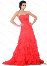 Modest Brush Train Prom Dresses with Ruffled Layers and Beading