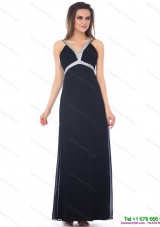 Modest Floor Length Beading Black Prom Dress for 2015