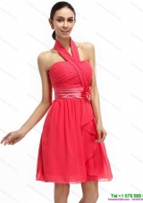 Modest Halter Top Prom Dresses with Ruching and Hand Made Flowers