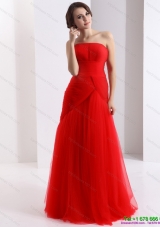 Modest Strapless Floor Length Ruching Prom Dress in Red