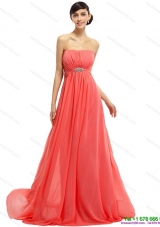 Modest Watermelon Beading Long Prom Dresses with Ruching and Sweep Train