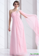 Elegant 2015 One Shoulder Baby Pink Prom Dress with Ruching and Beading