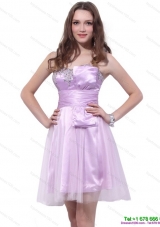 Lilac Strapless Mini Length 2015 Prom Dresses with Ruffles and Beading