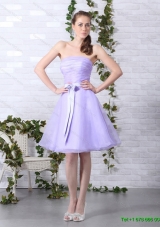 2015 Cute Lilac Strapless Ruching Mini Length Prom Dresses with Bownot