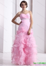 Baby Pink Sweetheart Ruching Beach Wedding Dresses with Ruffles and Beading