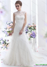 Cute White Laced Wedding Dresses with Brush Train