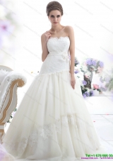 Ruffled White Strapless Wedding Dresses with Sash and Bownot