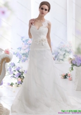2015 Luxurious A Line Wedding Dress with Lace and Hand Made Flowers