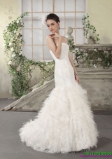 2015 New Style Strapless Wedding Dress with Lace and  Feather