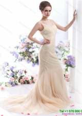 Luxurious 2015 Beteau Champagne Wedding Dress with Sequins
