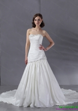 Luxurious Ruched Beaded Strapless White Wedding Dresses with Chapel Train