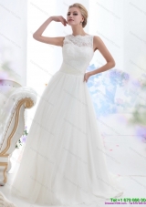 Luxurious White High Neck Laced Wedding Dresses with Brush Train