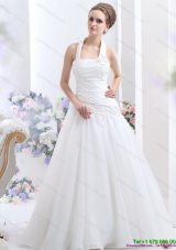 Modest 2015 Halter Top Wedding Dress with Ruching and Hand Made Flowers