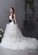 White Chapel Train Ruffled Wedding Dresses with Black Waistband