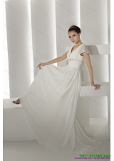 2015 Top Selling Brush Train White Wedding Dresses with Ruching and Beading
