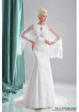 2015 Unique Beading White Mermaid Wedding Dresses with Brush Train