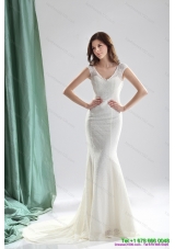 2015 Unique White Mermaid  Wedding Dresses with Lace and Brush Train