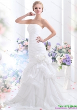 Ruffles Strapless White Mermaid Bridal Gowns with Hand Made Flower