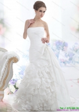 Top Selling White Strapless Wedding Dresses with Ruffled Layers and Brush Train