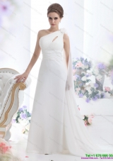 2015 Popular One Shoulder Wedding Dress with Ruching and Hand Made Flowers