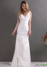 Perfect White V Neck Ruching Mermaid  Bridal Dresses with  Brush Train