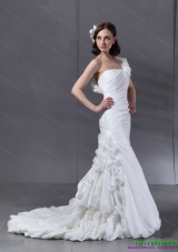 Ruching One Shoulder White Mermaid  Bridal Gowns with Hand Made Flower