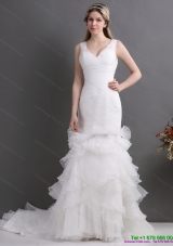 Luxurious V Neck 2015 Wedding Dress with Ruching and Ruffles