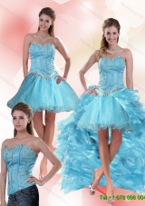 Detachable Unique Aqua Blue Sweetheart High Low Prom Skirts with Ruffles and Beading