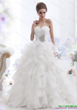 2015 Pretty Beading and Ruffled Layers Brush Train Wedding Dresses in White