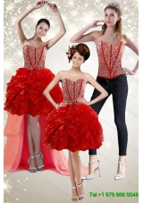 New Style 2015 Red Detachable Prom Skirts with Beading and Ruffles