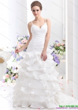 2015 Unique Ruching White Wedding Dresses with Ruffled Layers and Brush Train