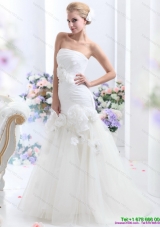 2015 White BrushTrain Strapless Bridal Gowns with Ruching and Hand Made Flowers